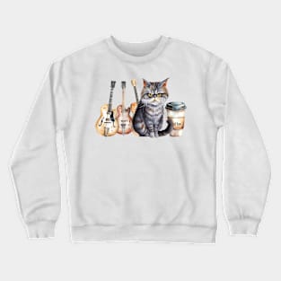 Funny Guitar Grumpy Cat Coffee Retro Cute Watercolor Crewneck Sweatshirt